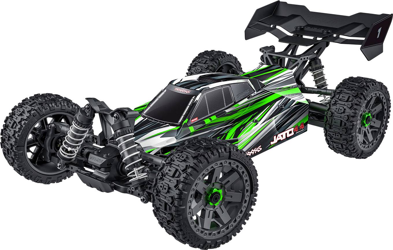 A green and black remote-controlled car with large off-road tires and a spoiler, designed for high-speed racing and rugged terrains.
