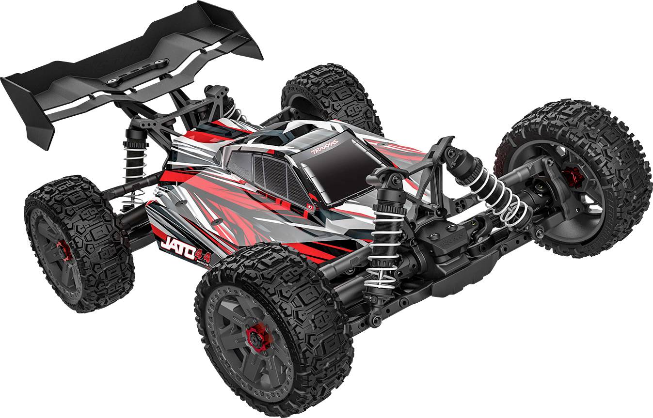 A red and black remote-controlled off-road car with large tires, showcasing its suspension and detailed body design.