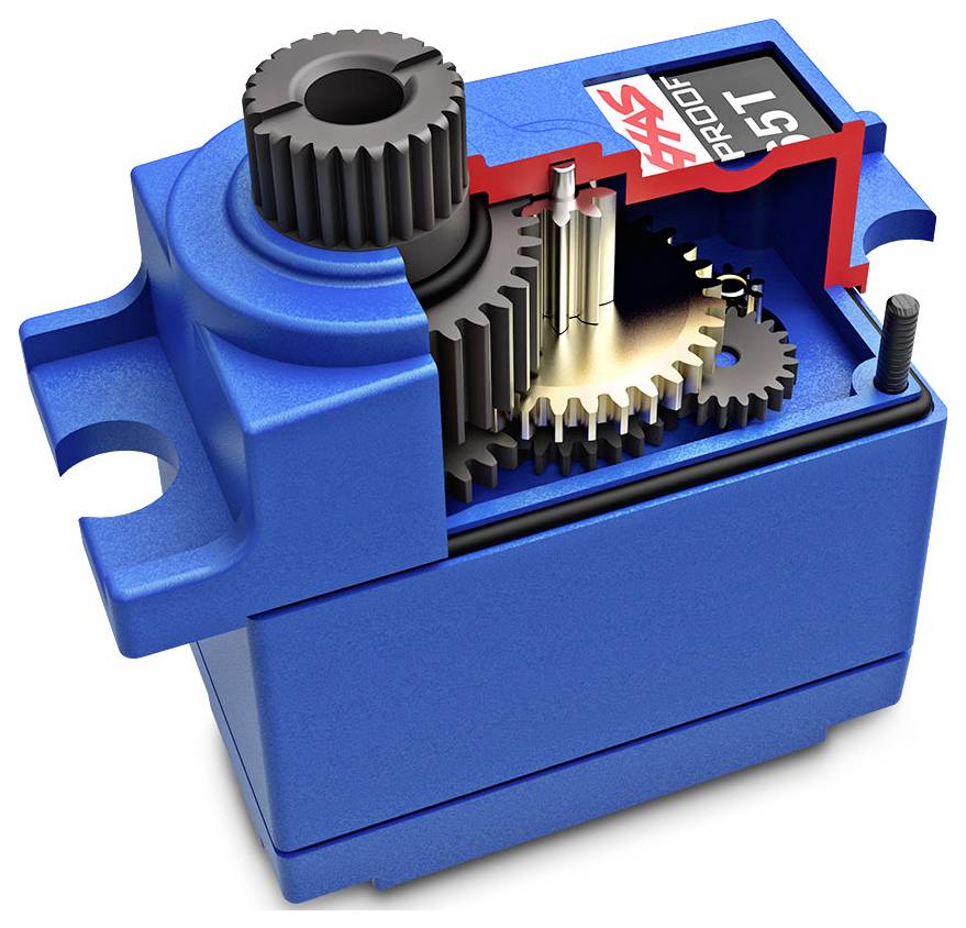 Blue servo motor with exposed internal gears; labeled as waterproof and 25T. Shown with red seal indicating protection feature.
