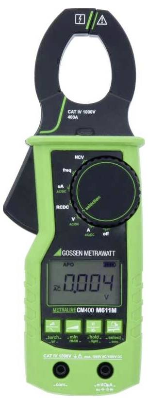 A digital clamp meter with a green body and black clamp, displaying a reading on its screen. It is labeled 'Gossen Metrawatt.'