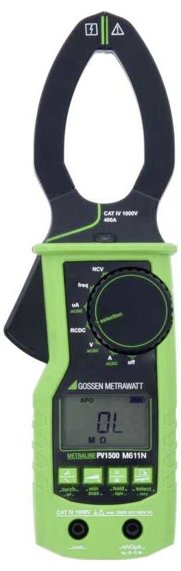 A green digital clamp meter for measuring electrical current, voltage, and resistance, featuring a dial, screen, and clamp at the top.