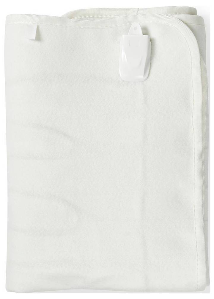 A folded white electric blanket with a visible control clip on top, indicating a temperature regulation feature.