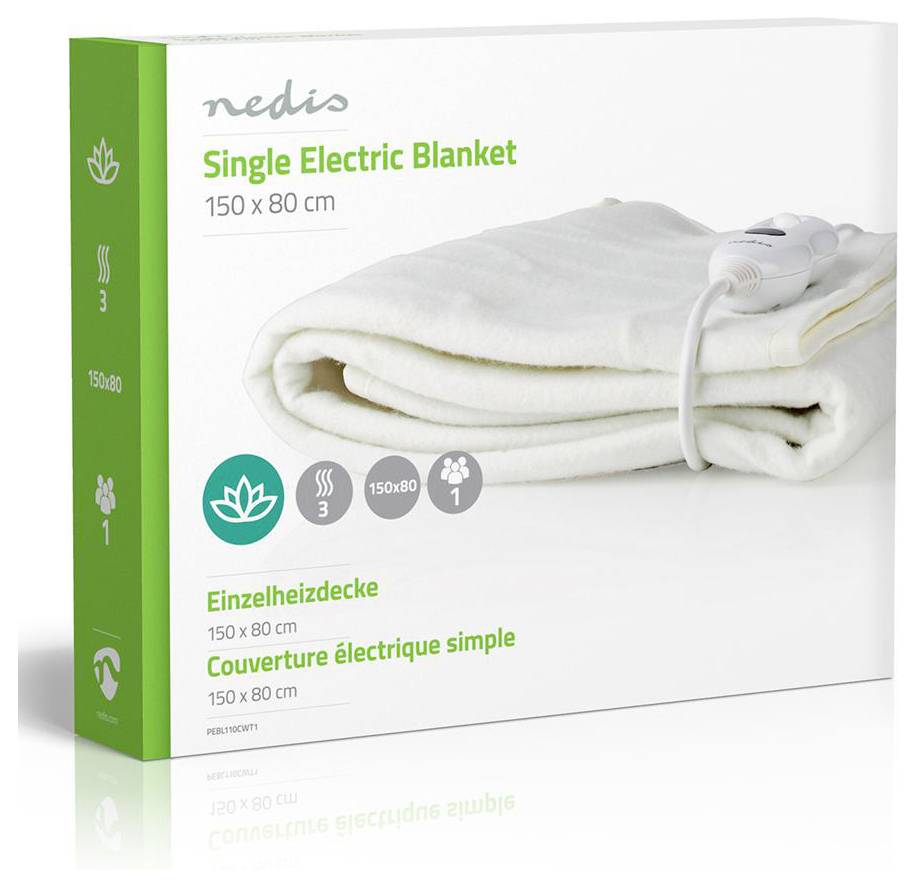 Package showing a folded 'Nedis Single Electric Blanket' with a control unit. Dimensions: 150 x 80 cm. Label in German and French.