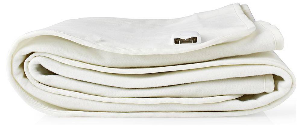 A folded electric blanket with a visible control switch, featuring a smooth white fabric.