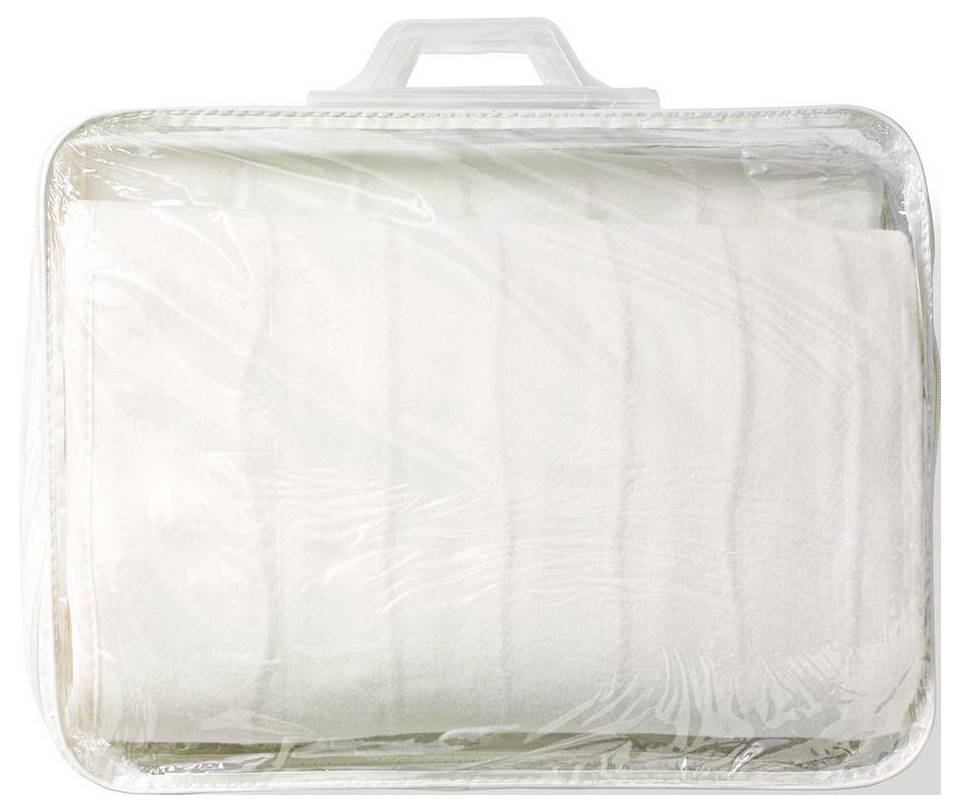 A white towel folded inside a clear plastic case with a handle, showcasing packaging for easy transportation and storage.