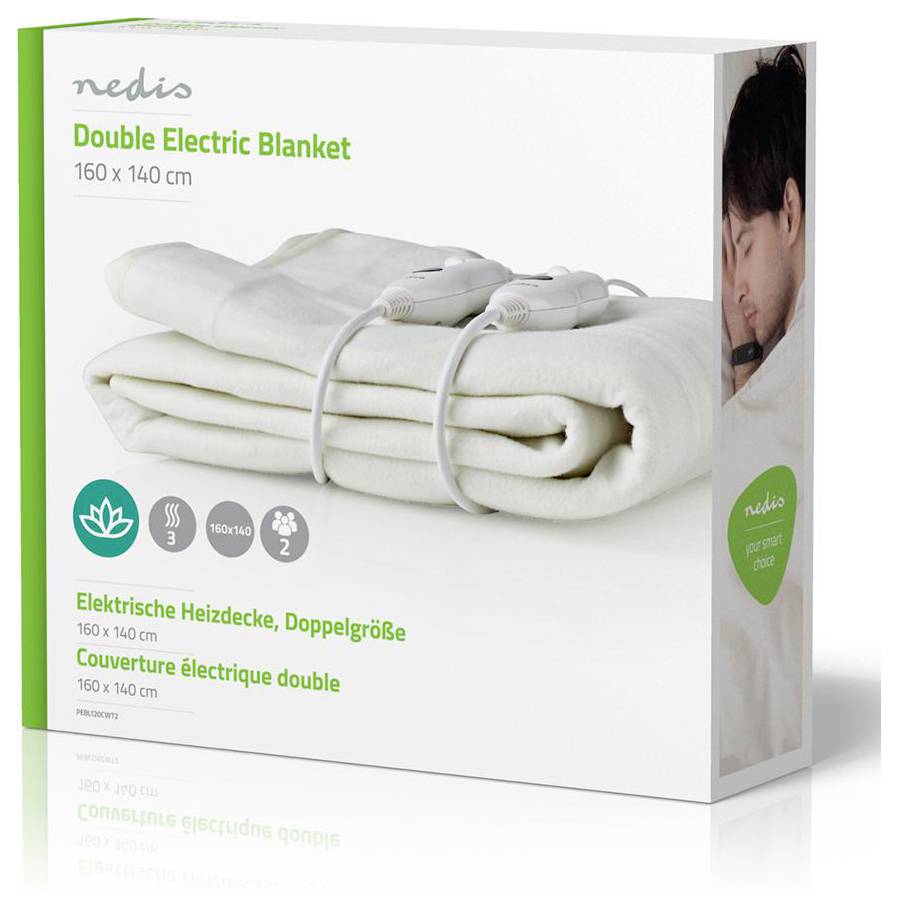 A box of a double electric blanket by Nedis, sized 160 x 140 cm, featuring a photo of a person sleeping, and showing control switches.