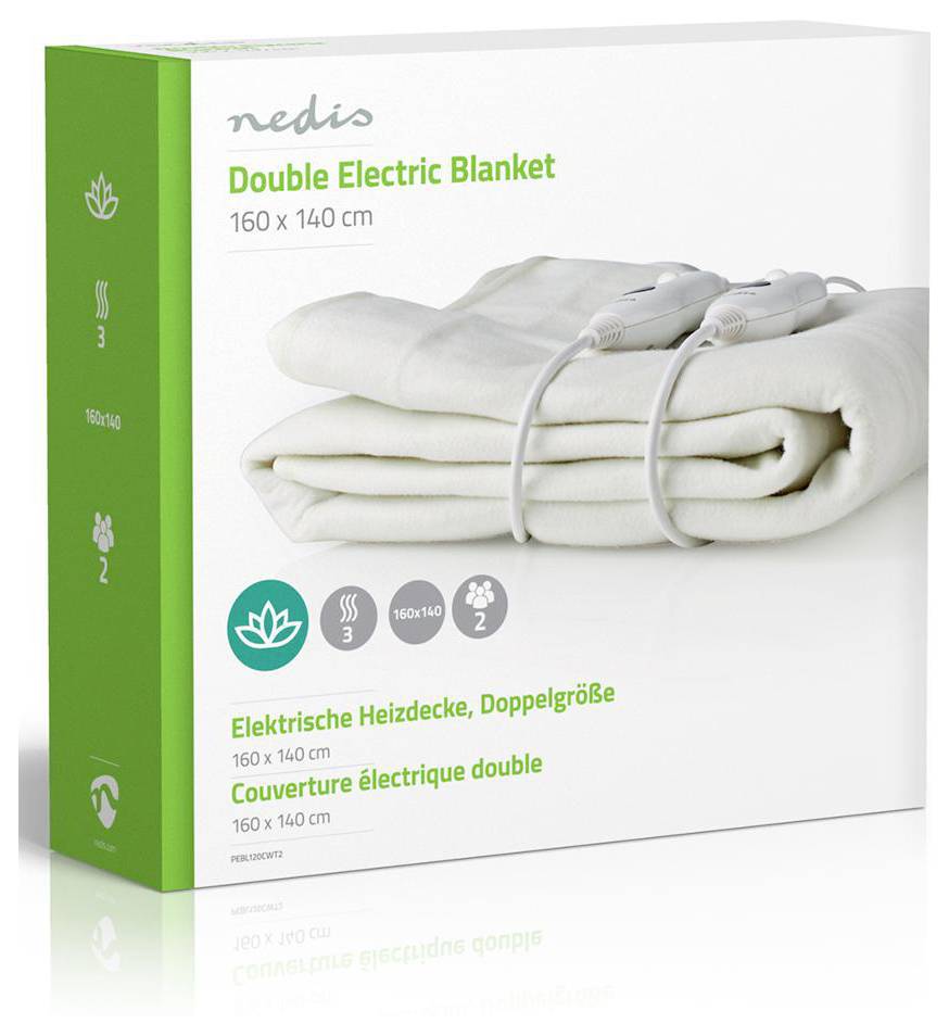 'Double Electric Blanket 160 x 140 cm' packaging with a folded white blanket on display, showing two controllers. Brand 'nedis'.