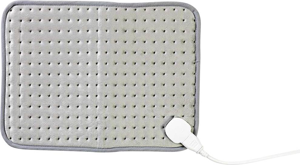 A rectangular grey electric heating pad with a soft, dotted surface and a white power cord attached at the corner.