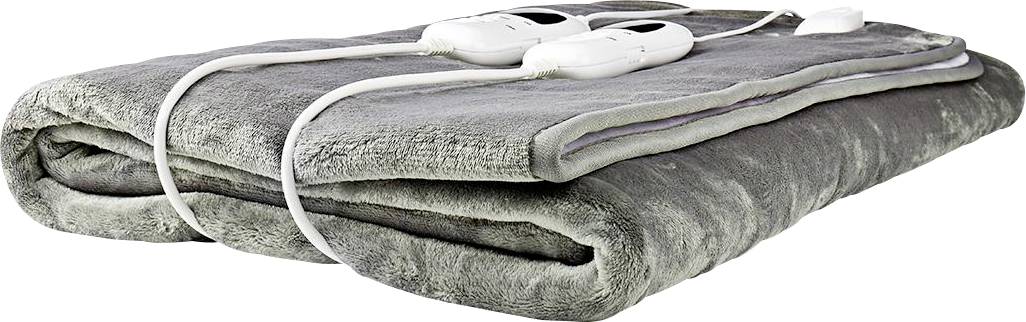 A folded gray electric blanket with two white controllers and cords, suggesting a focus on comfort and warmth.