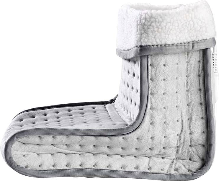 A soft, gray heated foot warmer boot with a plush lining, designed for comfort and warmth, featuring an adjustable electronic control.