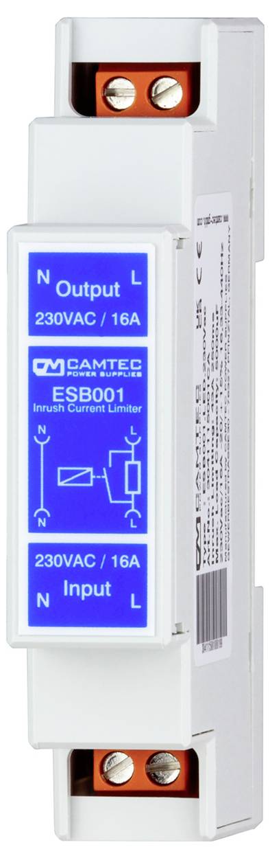 A white electrical device with a blue label reading '230VAC / 16A'. It has input and output terminals for current limiting functionality.