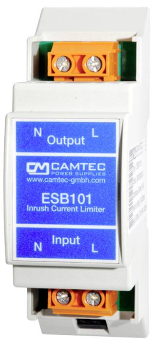 The image shows a Camtec ESB101 inrush current limiter for power supply, labeled with 'Input' and 'Output' and terminal connections.