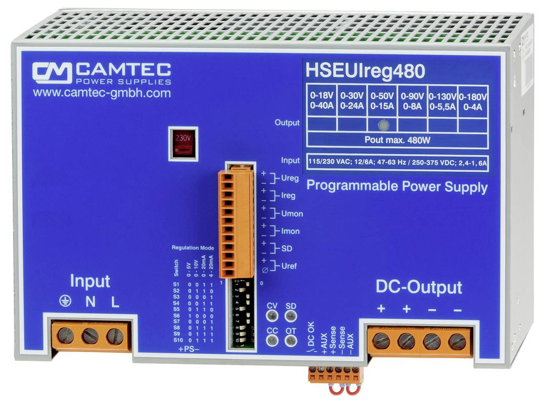 'CAMTEC HSEUIreg480 Programmable Power Supply' showing input and DC-output connections, regulation modes, and power specifications.