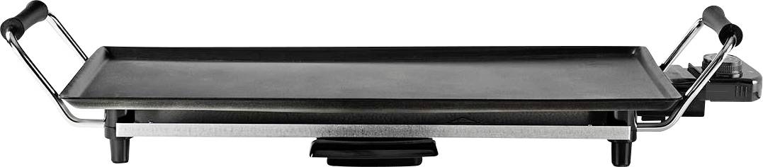 Electric griddle with non-stick surface, side handles, and adjustable temperature control, suitable for cooking various foods.