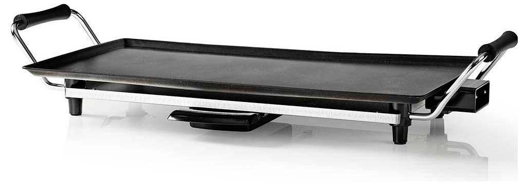 A flat, rectangular electric griddle with handles on both sides sitting on a reflective surface.