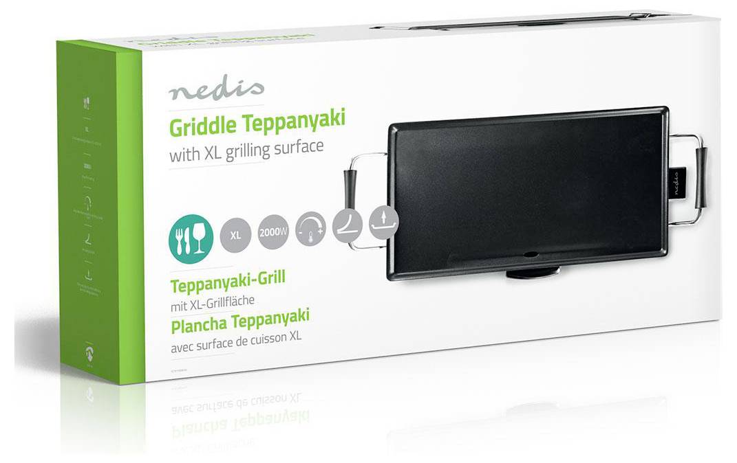 A Nedis teppanyaki grill with an XL grilling surface is shown on the box. The packaging emphasizes its large cooking area.