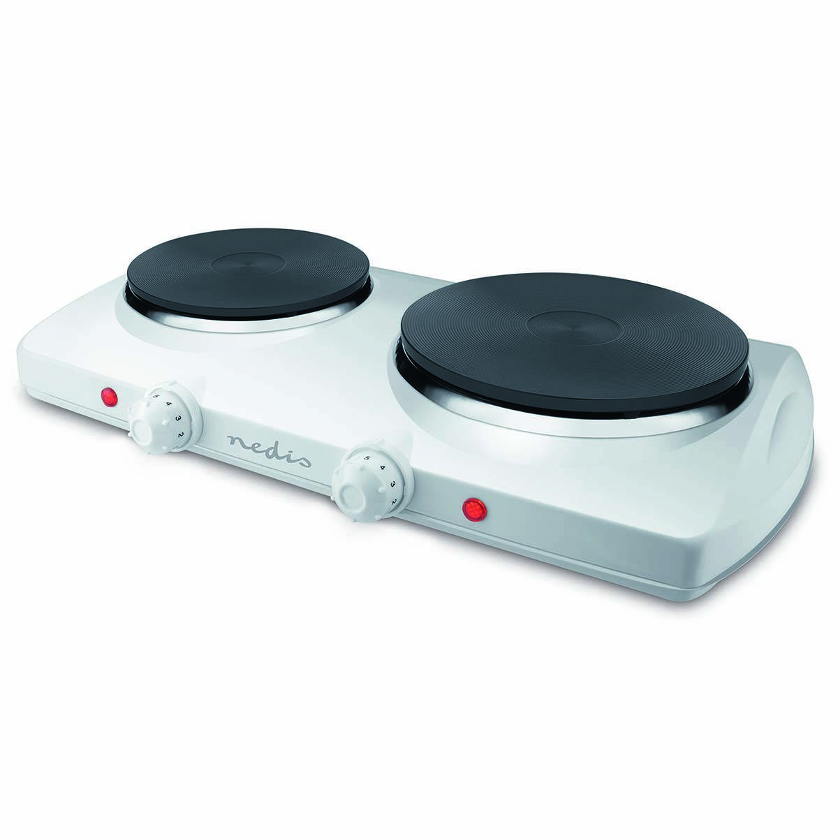 A white double electric hot plate with two burners, each with a control knob, and two indicator lights, designed for cooking.