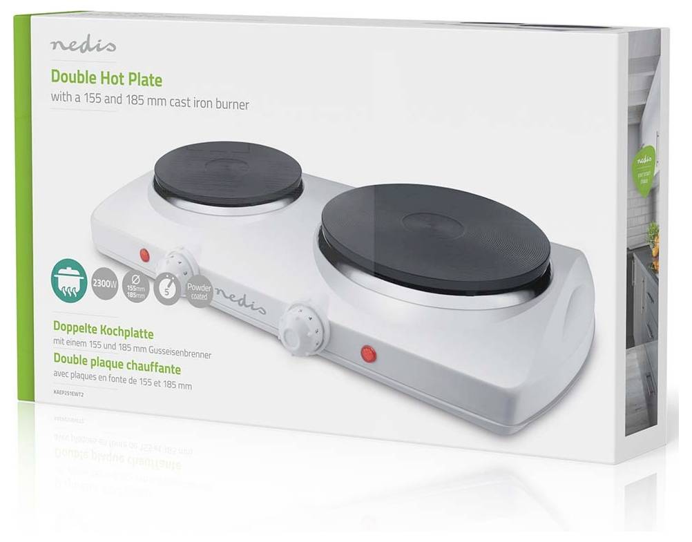 'Double Hot Plate with a 155 mm and 185 mm cast iron burner', features two burners on a white base, brand name 'nedis'.