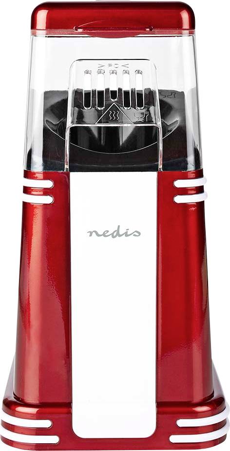 A red and white popcorn maker with a transparent lid and 'nedis' logo, designed for making popcorn quickly and efficiently.