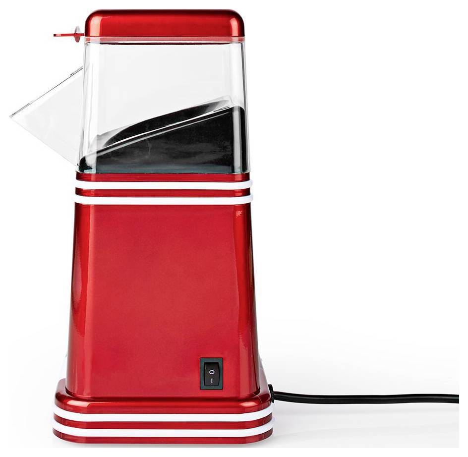 A red and clear plastic popcorn maker with a power switch and cord, designed for counter use. The device features a chute for popping corn.