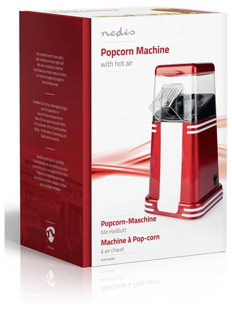 'Popcorn Machine with hot air' in red packaging, featuring an image of the machine and product details in multiple languages.