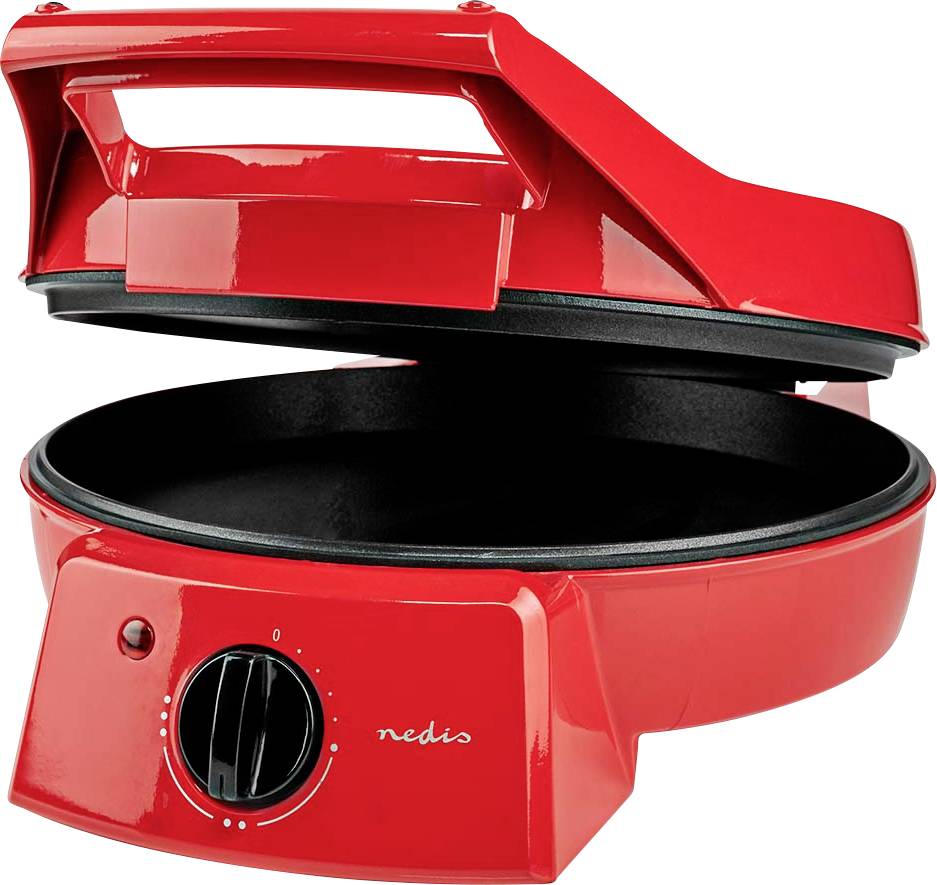 A red electric pizza maker with an open lid, showing a non-stick cooking surface inside. The control knob is set to zero.