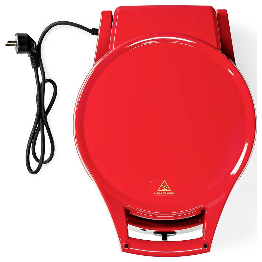 A red, circular waffle maker with an attached power cord, viewed from above. The top has a 'Caution: Hot Surface' warning symbol.