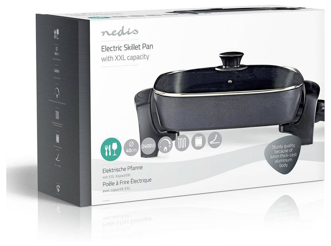 Box of a Nedis electric skillet pan with XXL capacity, showing various features: 40x27cm size, 2400W power, non-stick surface, aluminum-cast body.