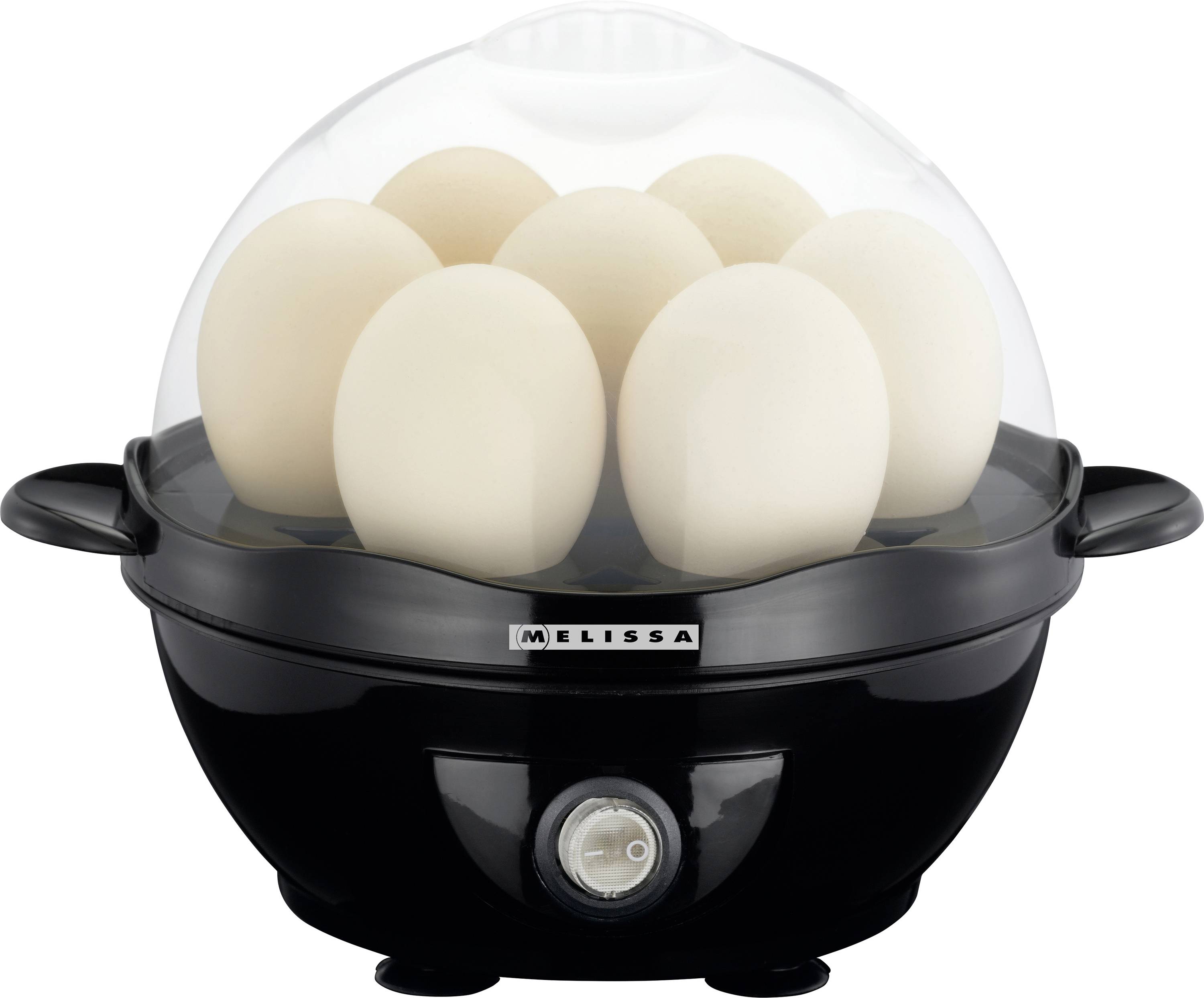 A black electric egg cooker with a transparent lid, holding seven eggs, displaying the brand name 'Melissa' on the front.