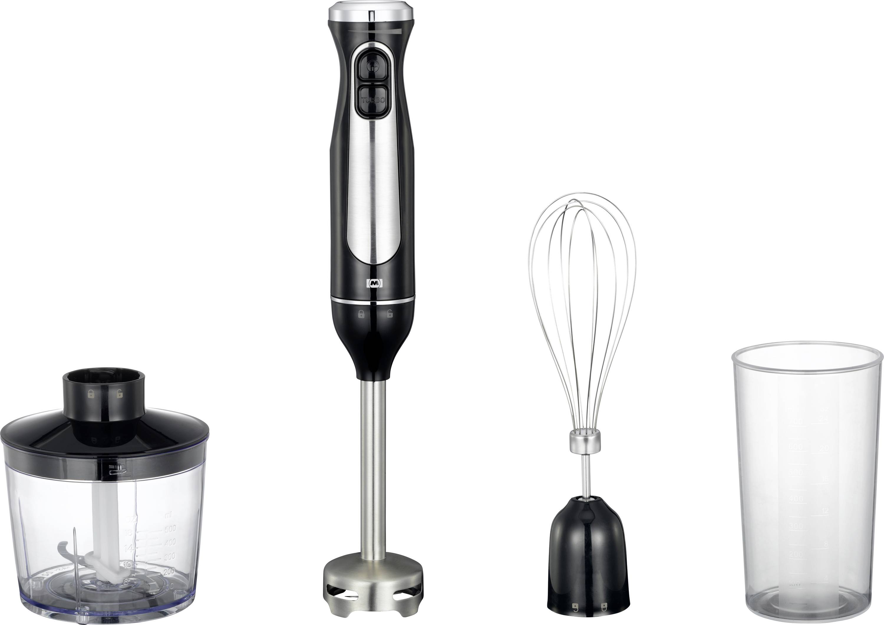 A set of kitchen appliances including a hand blender, whisk attachment, chopping bowl, and measuring cup, arranged side by side.