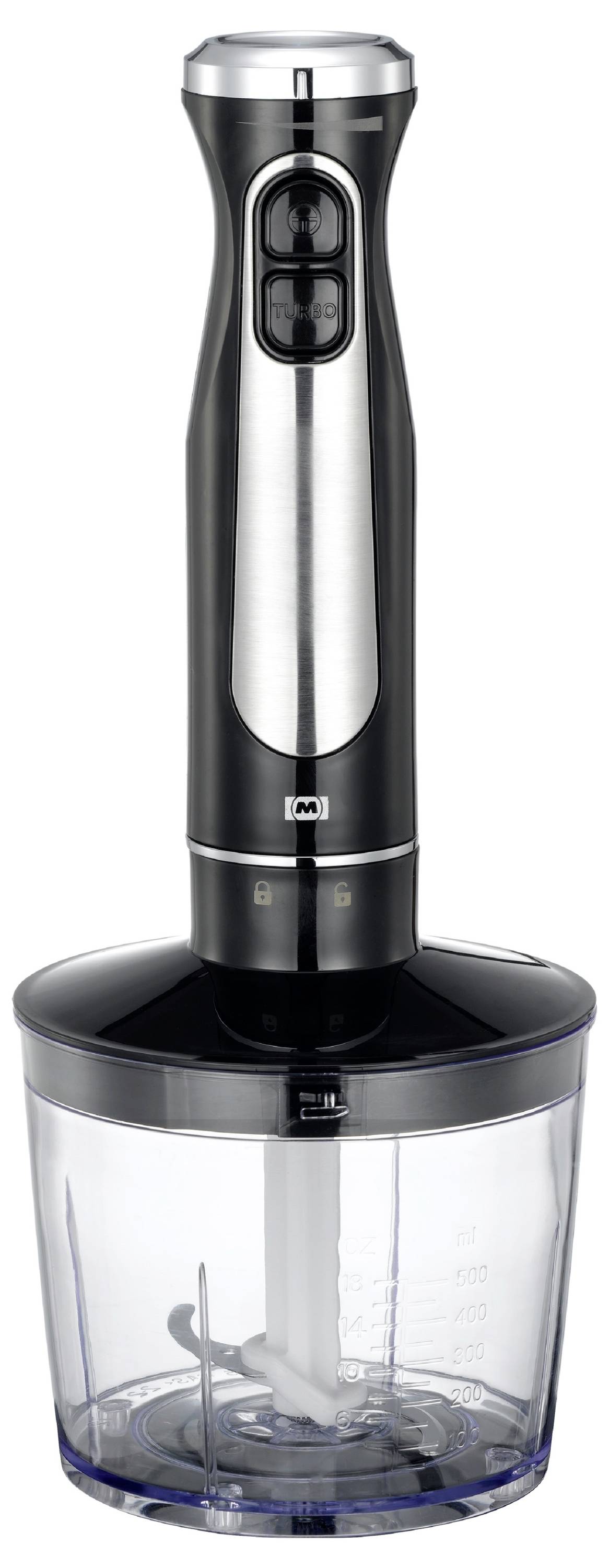 A sleek, stainless steel hand blender with a clear plastic blending jar and visible blades.