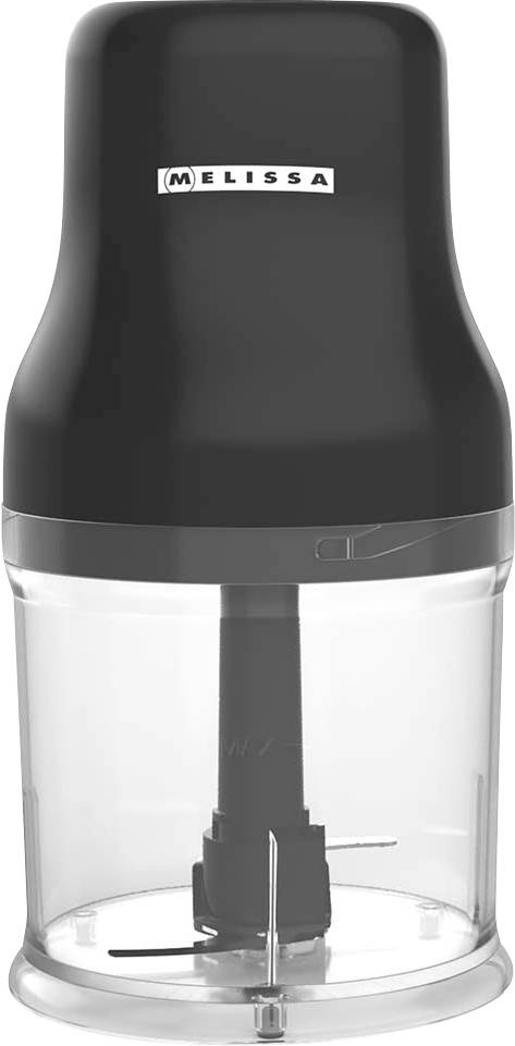 A black and transparent kitchen chopper with a cylindrical design, labeled 'MELISSA' on the front.