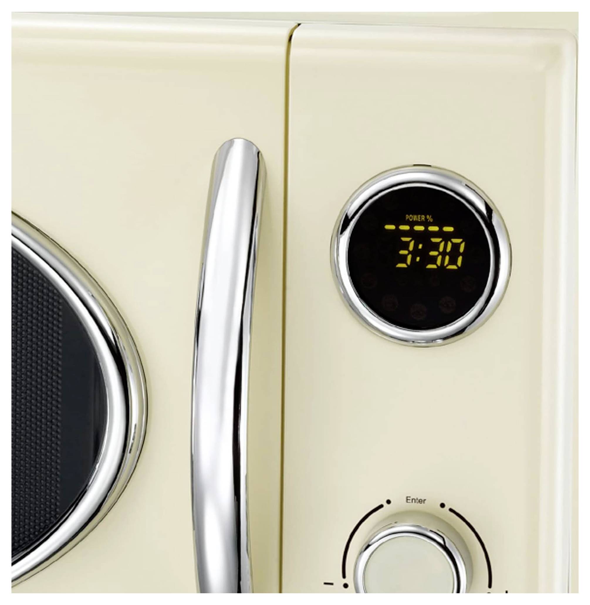 A beige microwave oven with chrome handle, displaying '3:30' on a digital round screen. Circular control knob below with 'Enter' label.