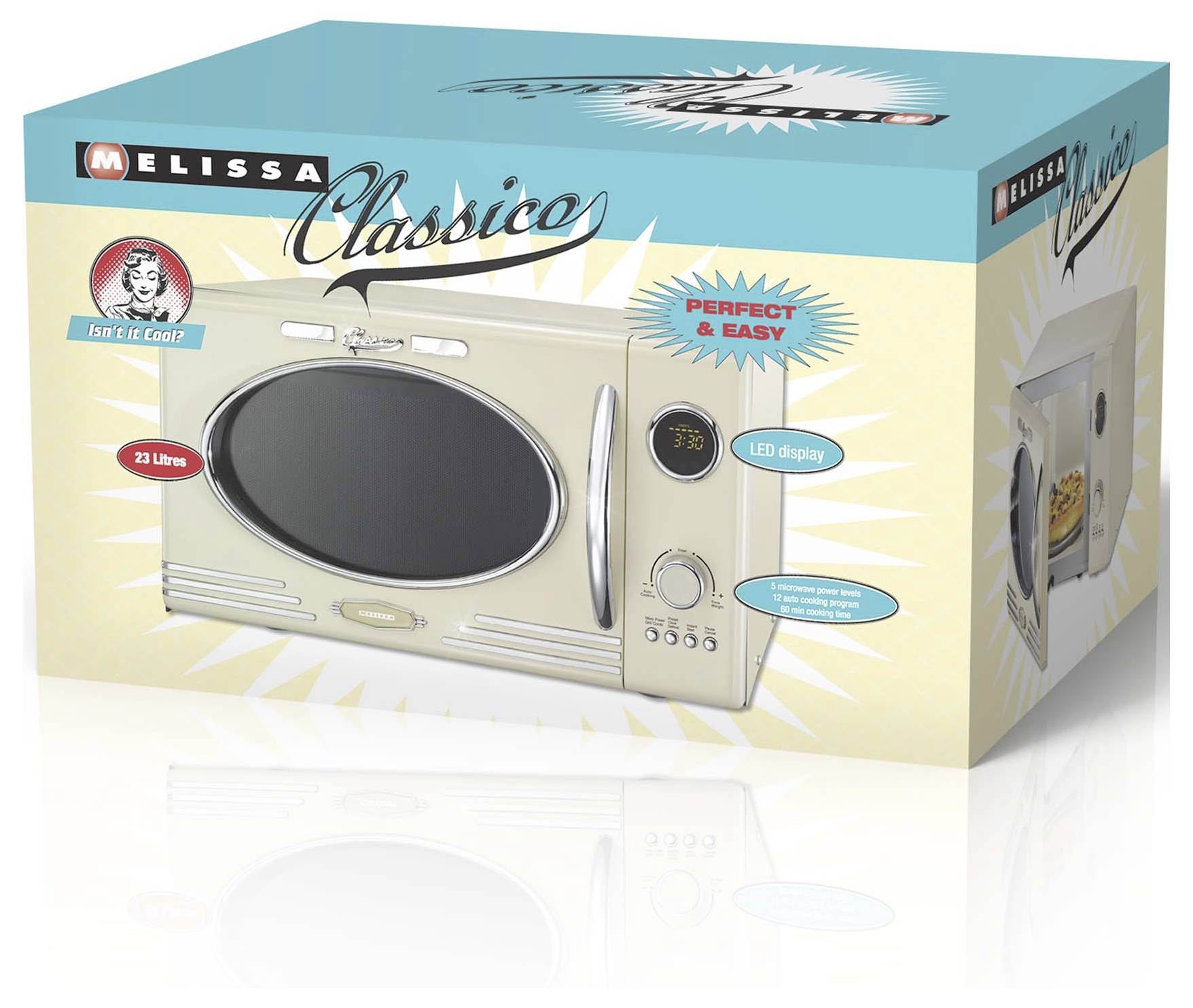'Melissa Classico' microwave packaging featuring an image of the microwave, described as 'Perfect & Easy' with a 23-liter capacity and LED display.