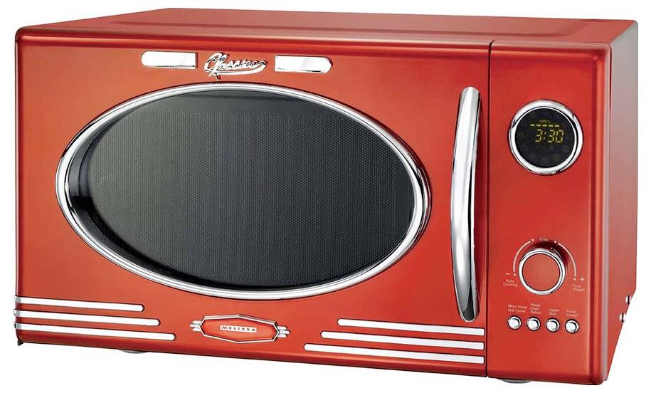 Red retro-style microwave with chrome details, a digital clock showing '3:30', and buttons for different power settings.