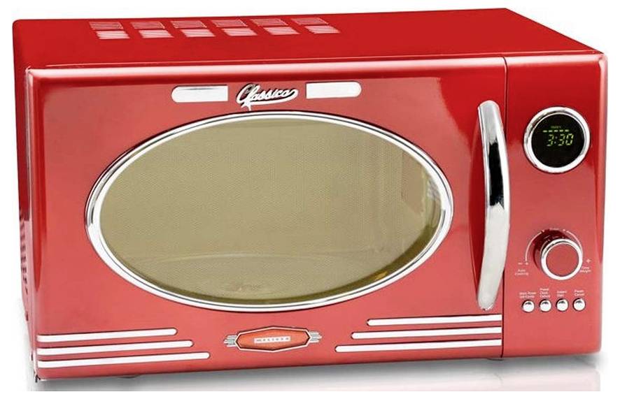A red retro-style microwave with chrome accents, featuring an oval window and a digital display showing '3:30'.