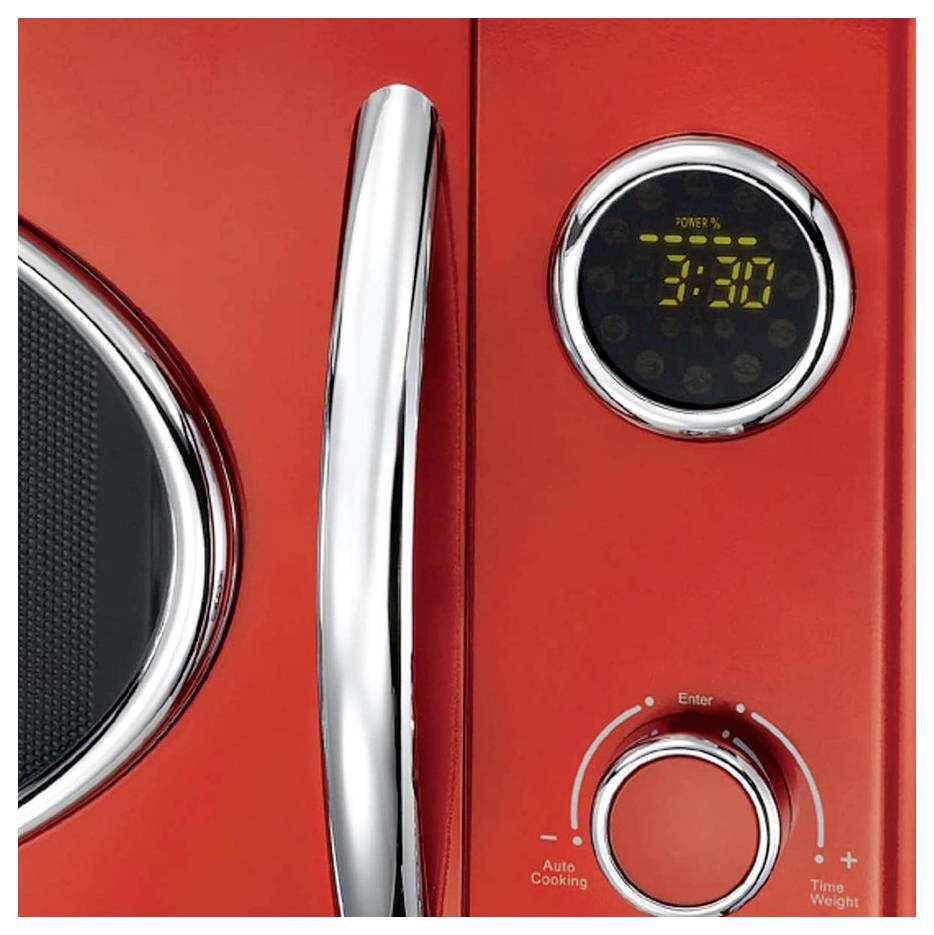 'Red microwave with a chrome handle and circular digital display showing time 21:30. Dial knob below with 'Auto Cooking' and 'Time/Weight'.'