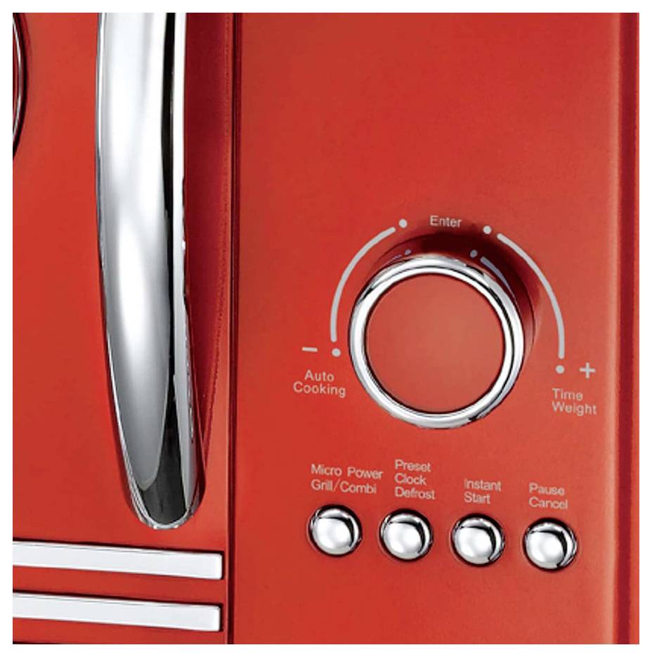 'Close-up of a red microwave control panel with a round dial labeled 'Enter' and buttons for 'Auto Cooking,' 'Preset Clock/Defrost,' 'Instant Start,' and 'Pause/Cancel.''