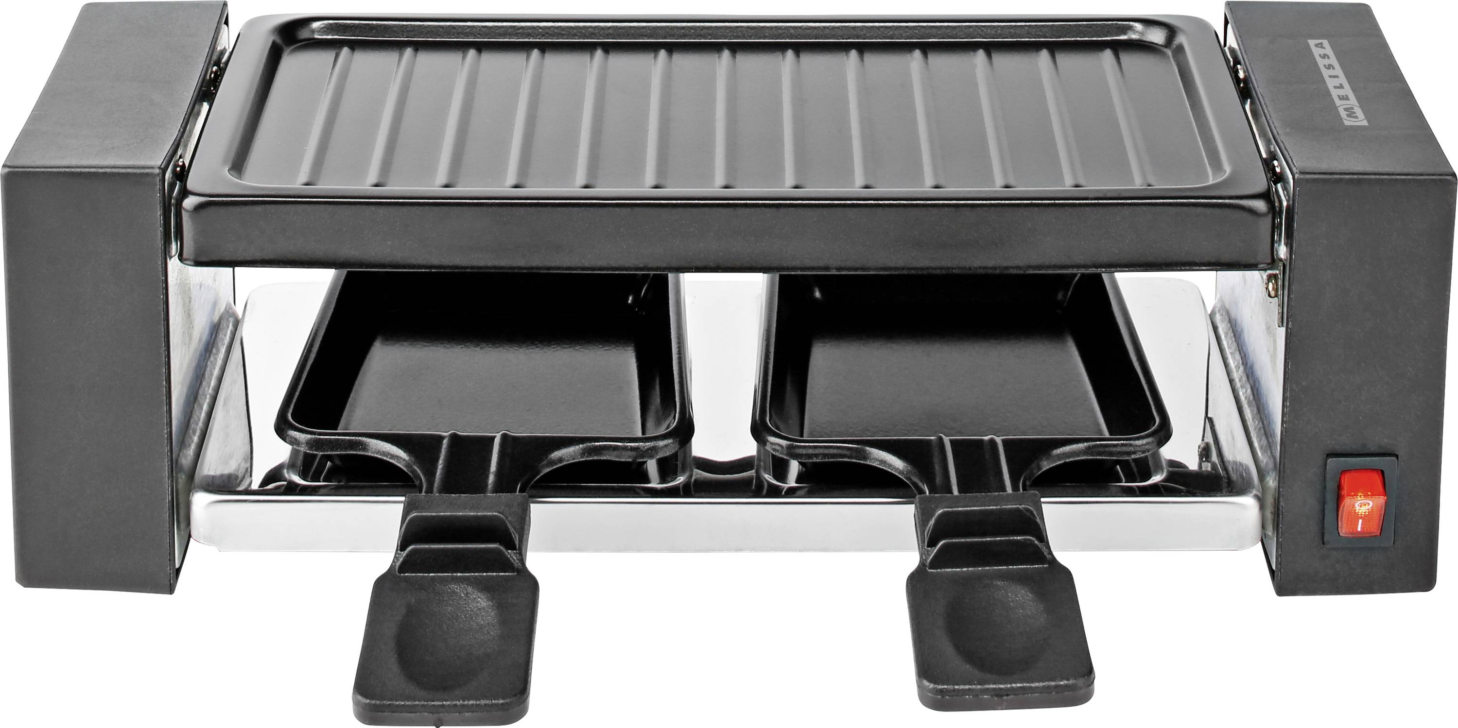 A black and silver electric grill with two grilling surfaces and two raclette trays, featuring a power switch on the side.