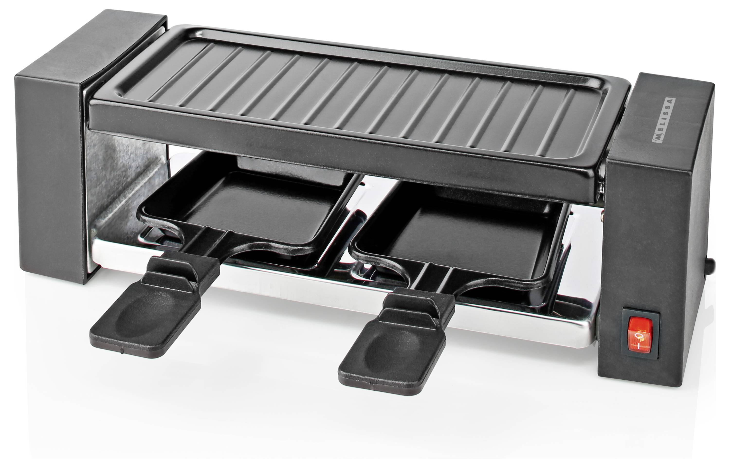 A black electric raclette grill with two trays and an on/off switch, designed for tabletop cooking and grilling food.