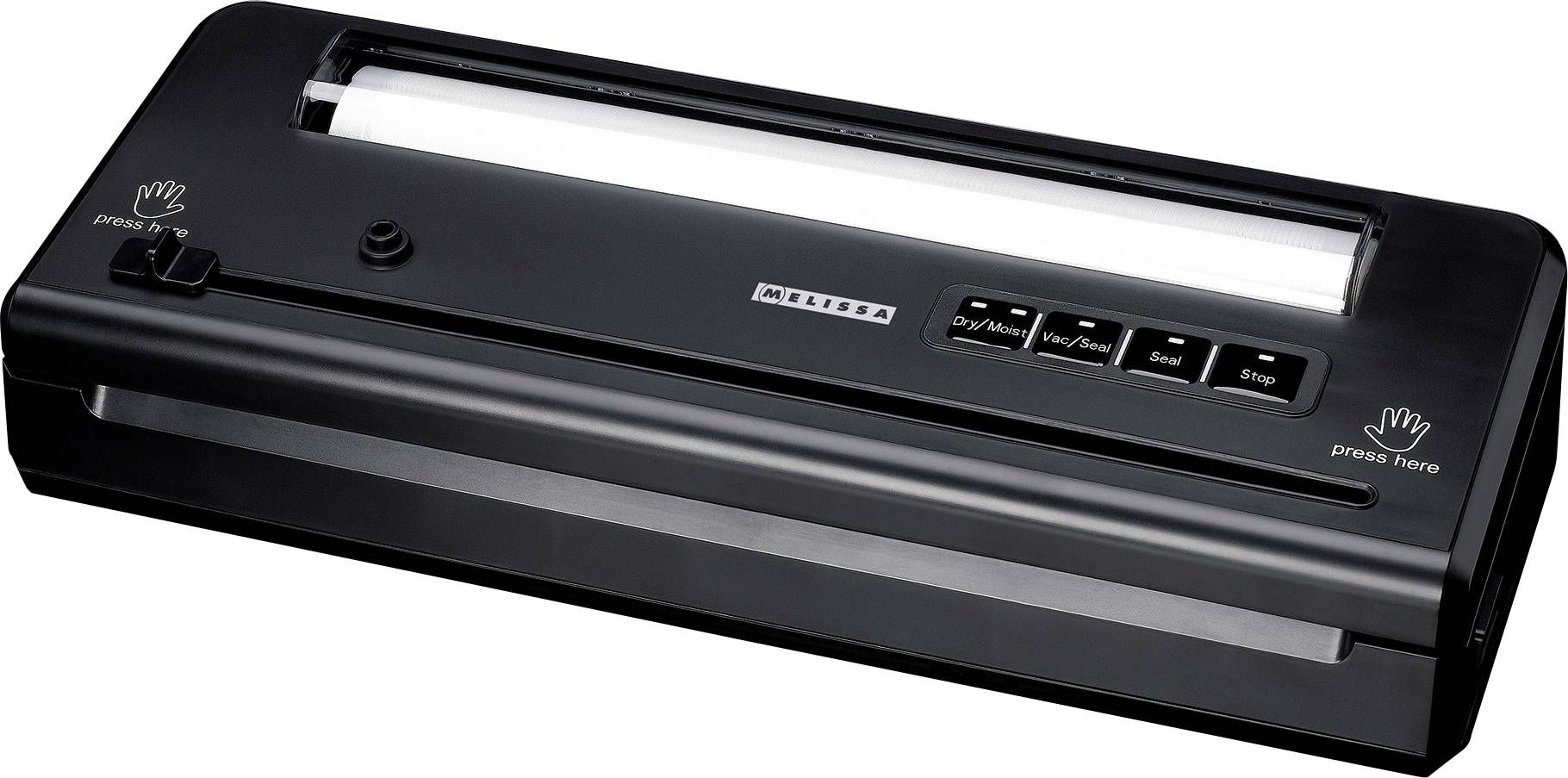 A black laminator with buttons labeled 'Cold', 'Ready', 'Hot', 'Seal', 'Stop', and 'Press Here' symbols on each end.