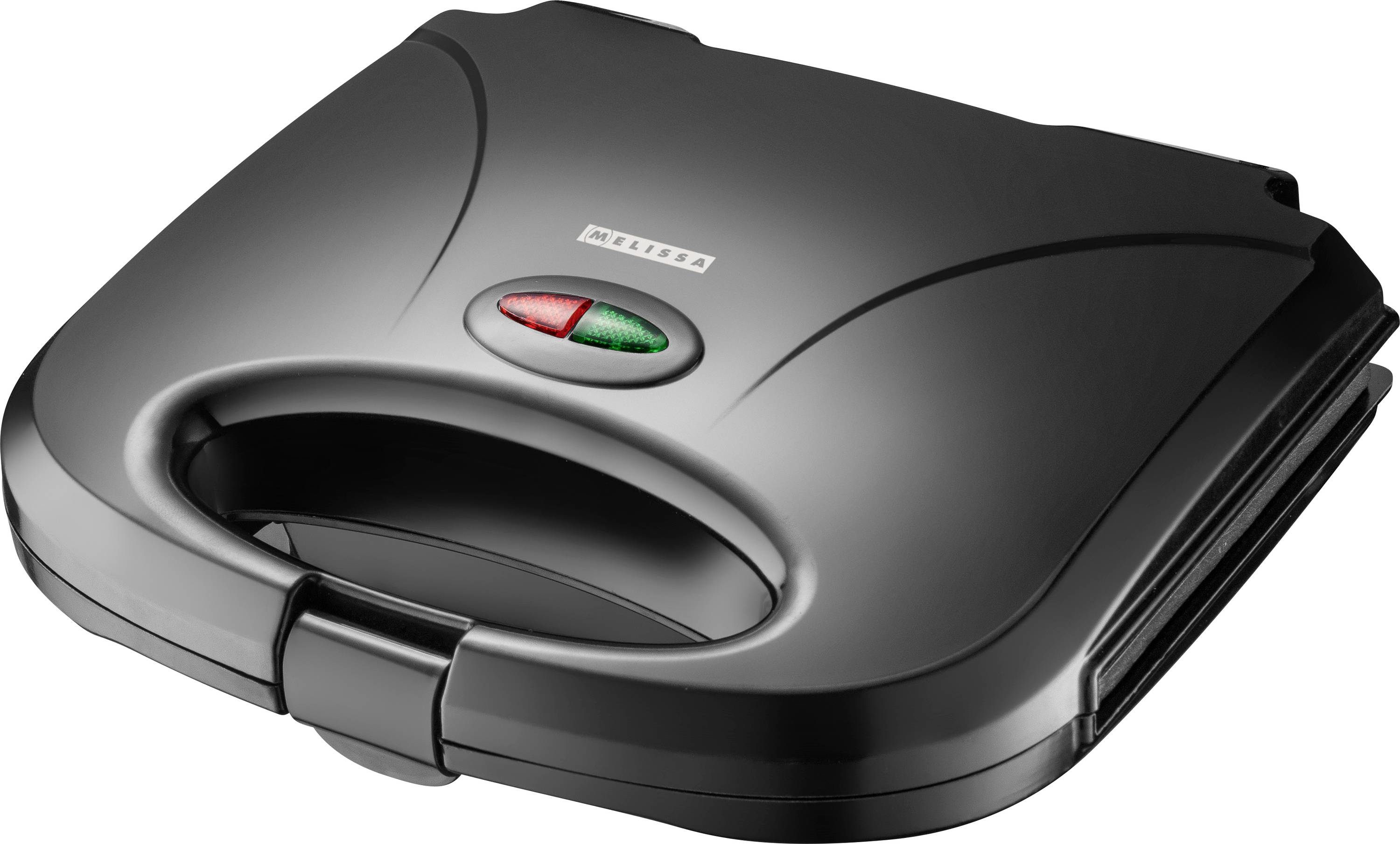 Closed black sandwich maker with a handle and two indicator lights, one green and one red, on its top surface.