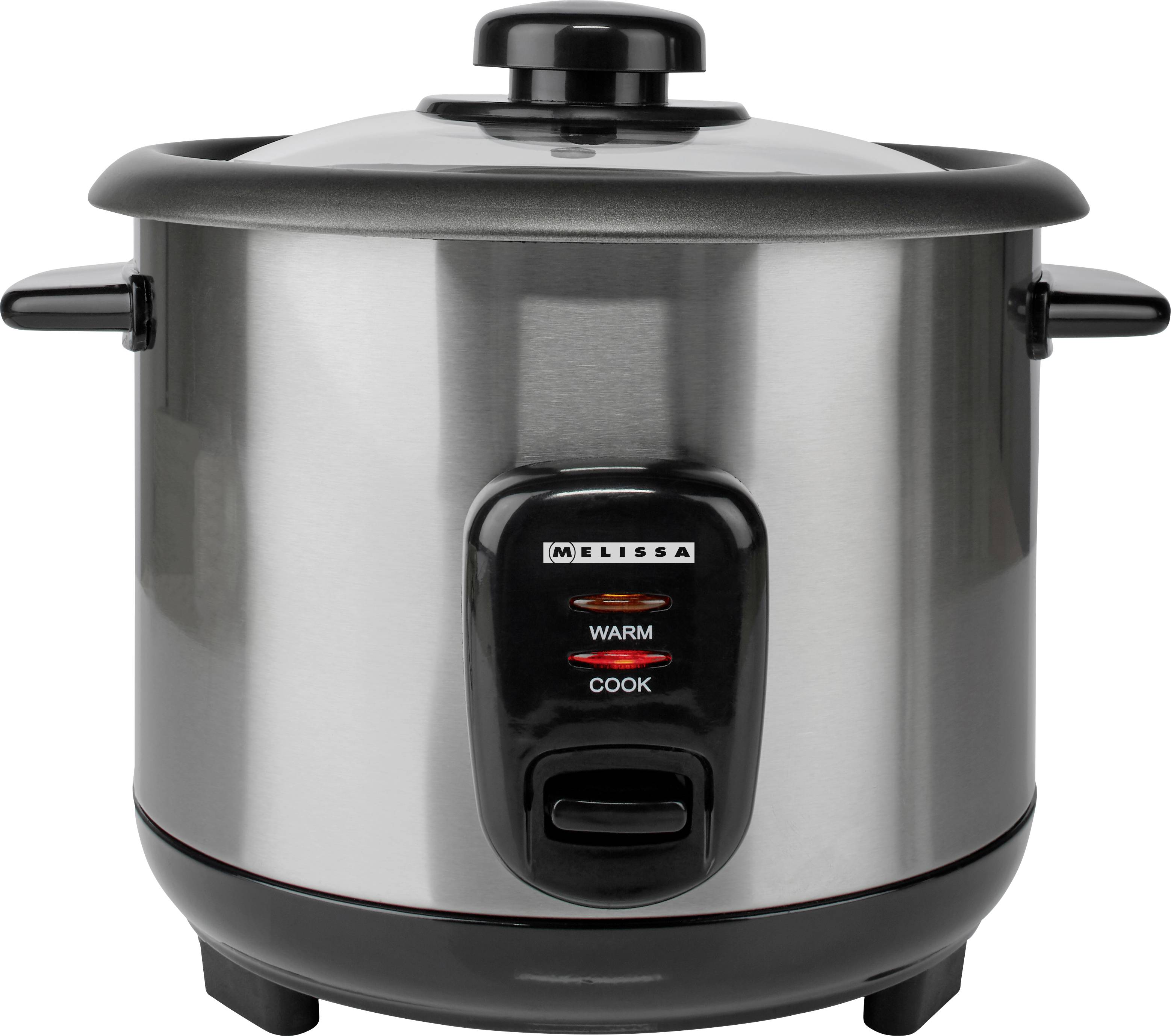 A silver rice cooker with black handles and lid, featuring a control panel with indicators for 'warm' and 'cook' modes.