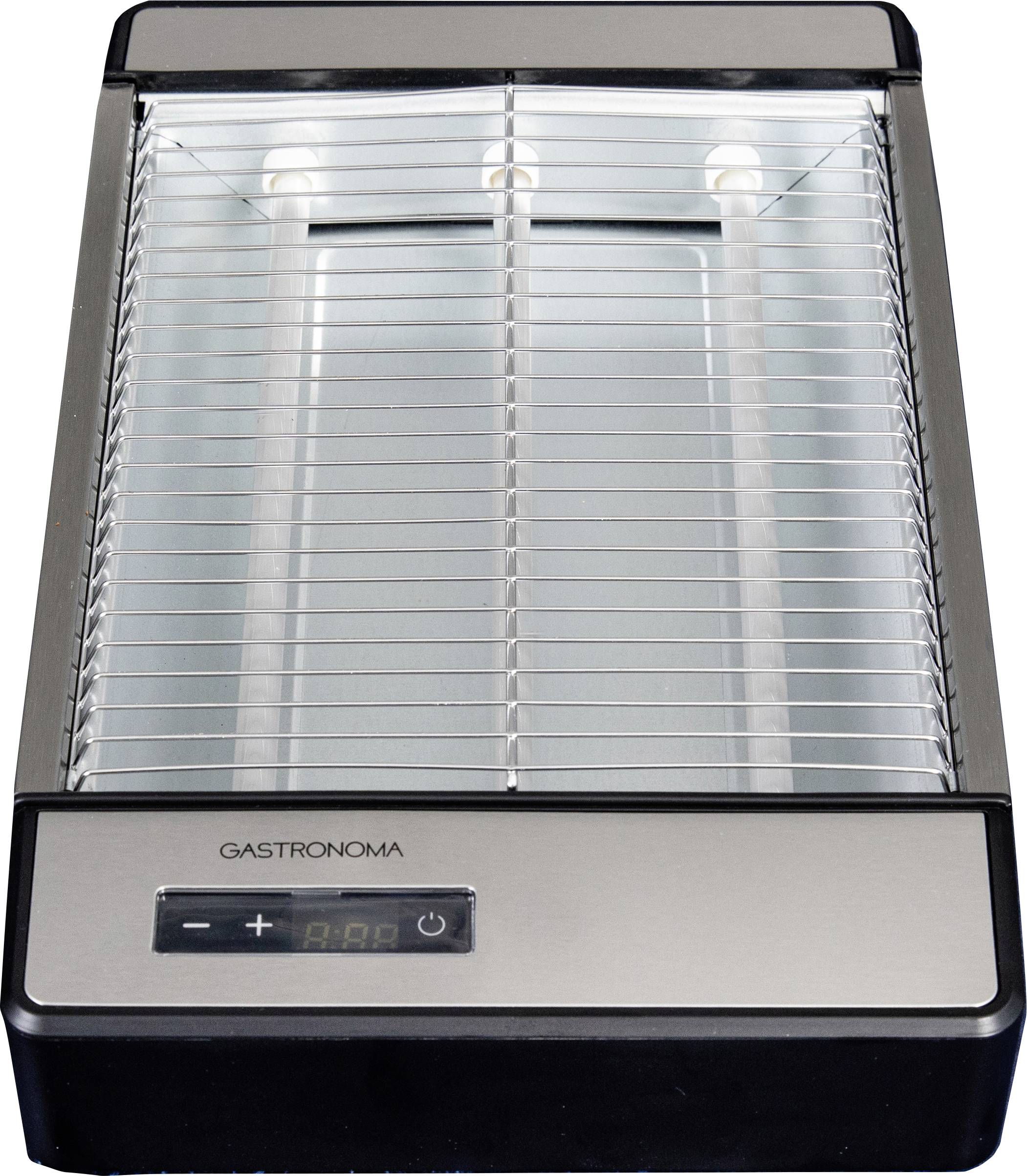A rectangular food warming tray with a digital control panel displaying '0:00', metal bars on top, and the brand name 'GASTRONOMA' visible.