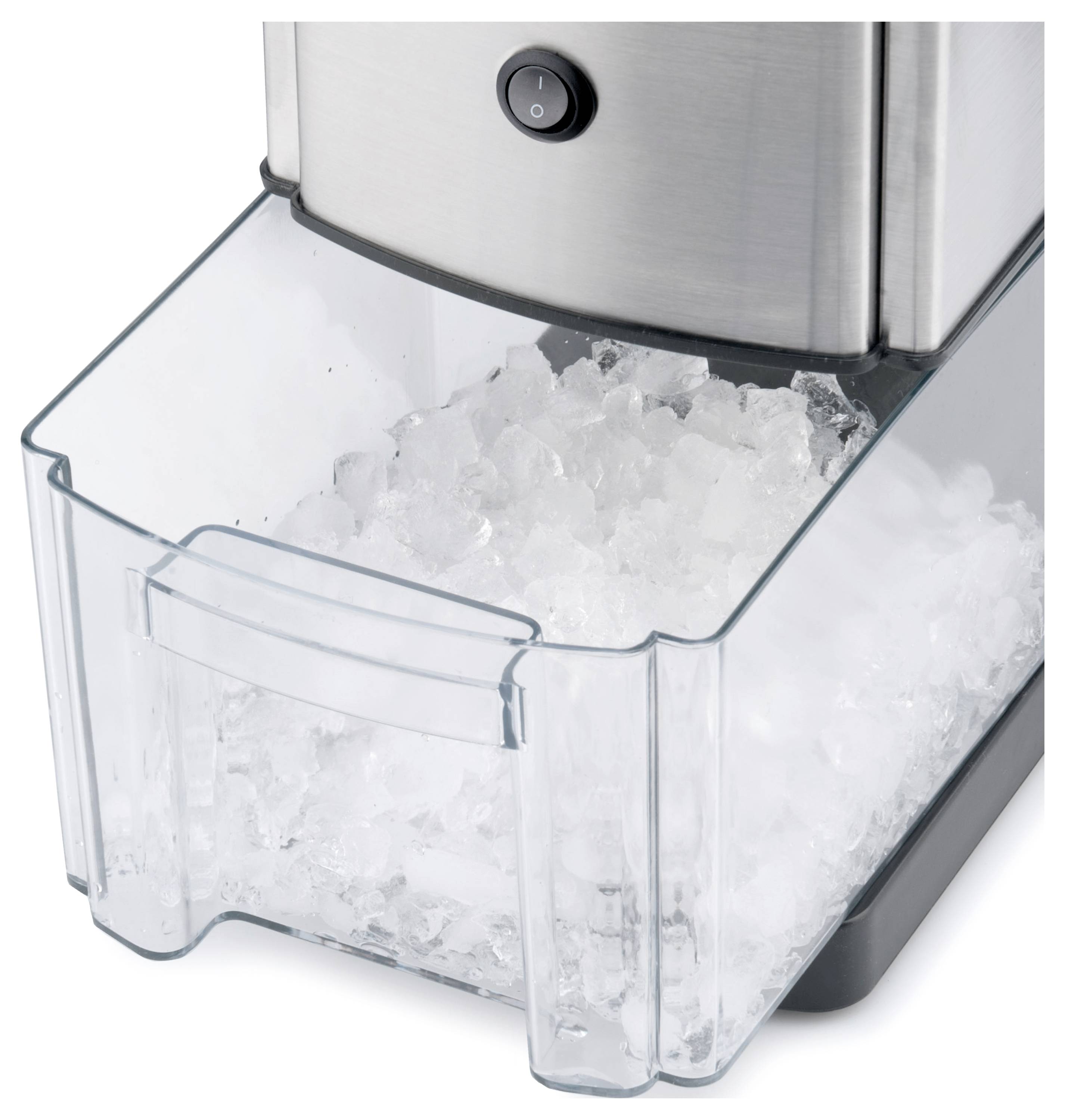 A transparent ice container filled with crushed ice sits below a stainless steel ice crusher machine with a visible power button.