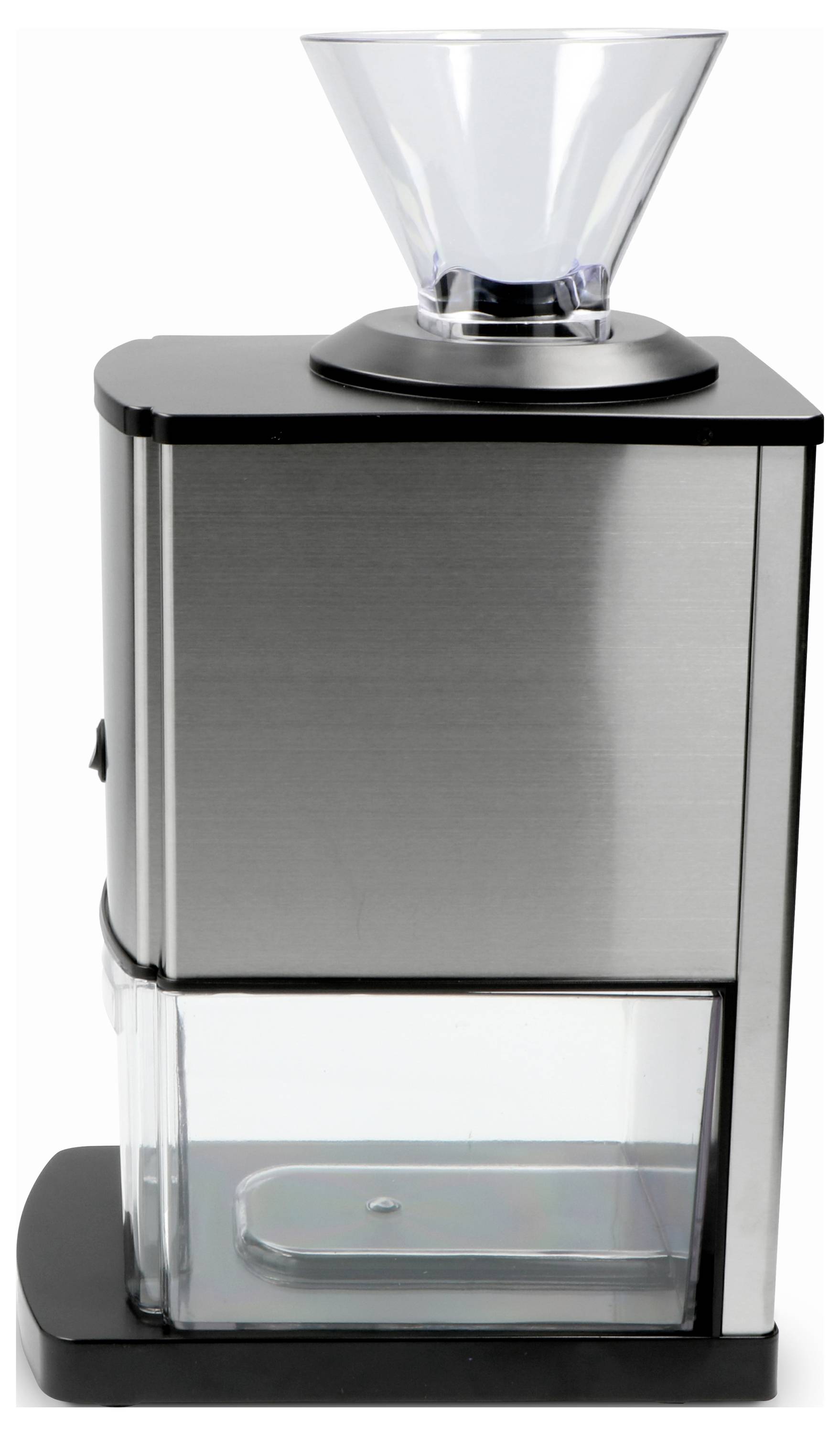 A stainless steel electric coffee grinder with a clear plastic hopper and grounds container, featuring a sleek and modern design.