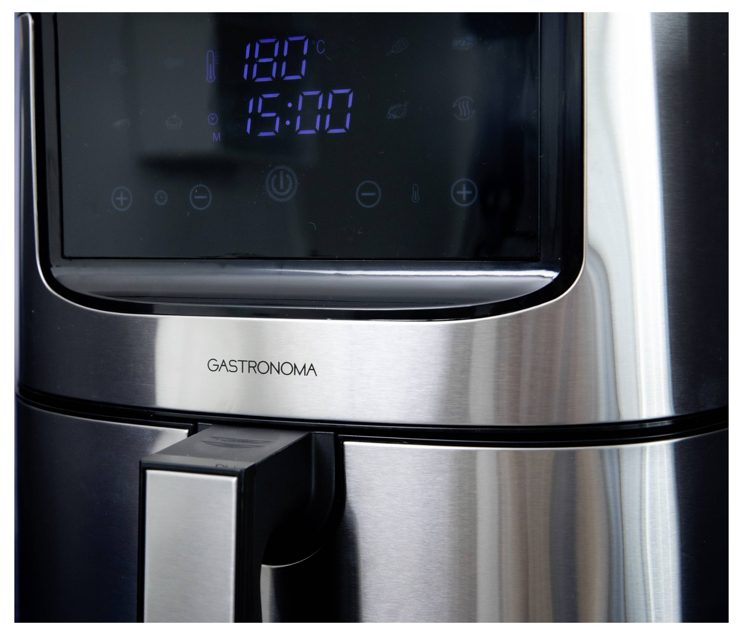Stainless steel air fryer with digital display showing '180°C' and '15:00'. Brand name 'Gastronoma' visible.