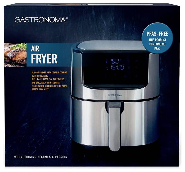 'Gastronoma Air Fryer' in packaging. Describes features: digital screen, adjustable temperature, ceramic coating, PFAS-free.
