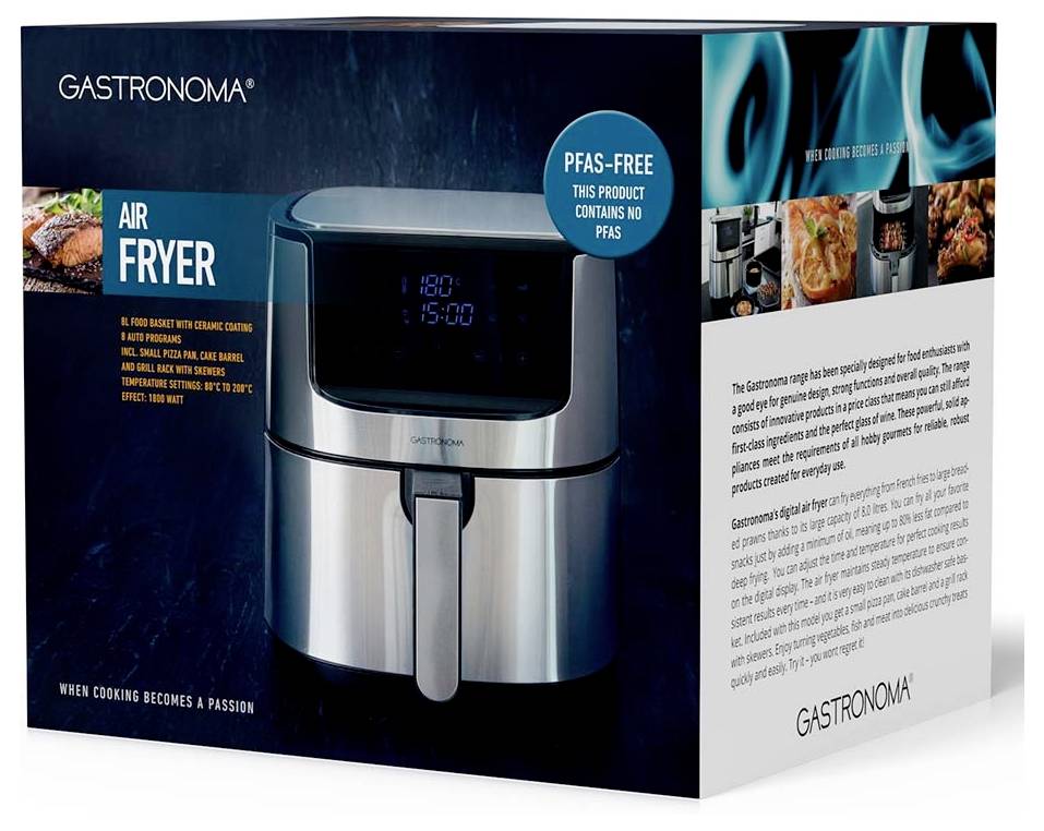 'Gastronoma Air Fryer' packaging with product image, key features listed: efficient cooking, non-stick finish, digital display. 'PFAS-Free' label highlighted.