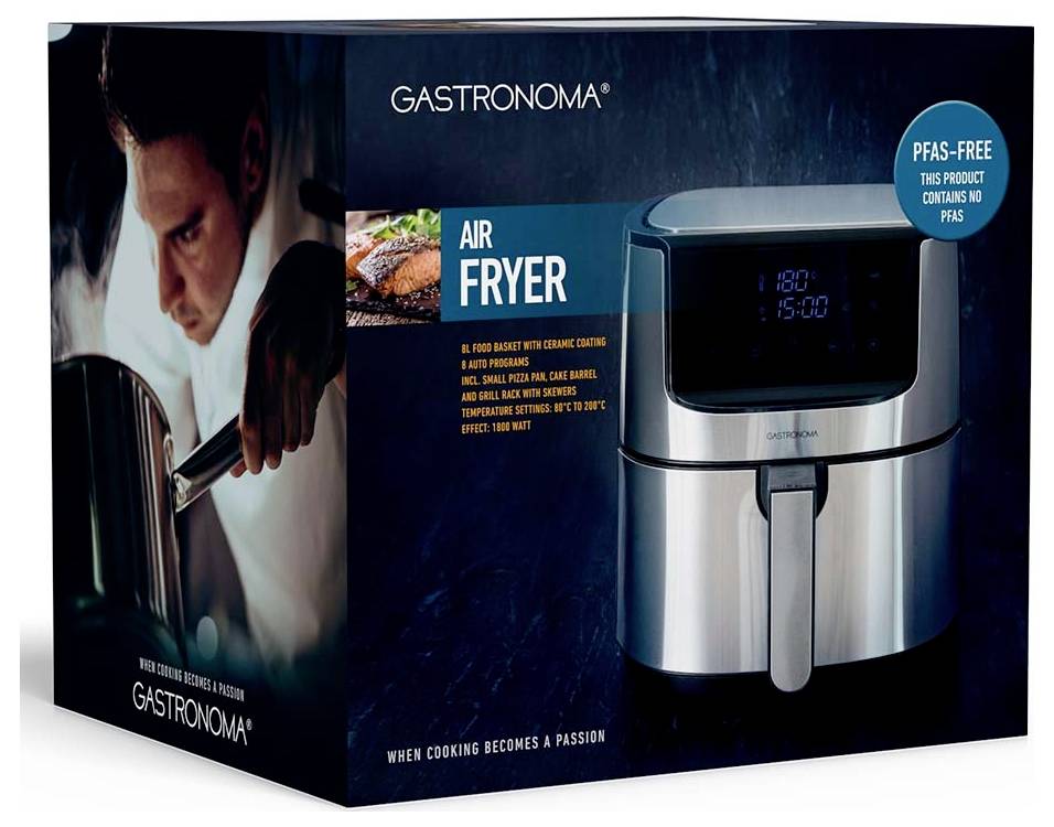 'Air Fryer' box showing an air fryer and a chef cooking, labeled 'PFAS-Free: This product contains no PFAS.'